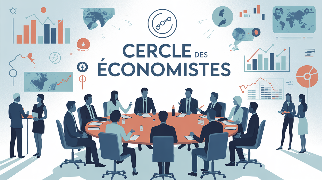 table ronde cercle des economistes silhouettes et symboles economiques
