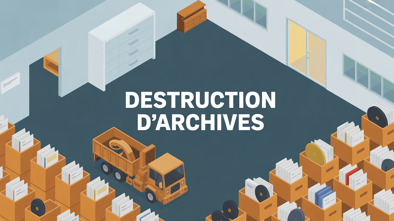 Destruction d'archives en salle d'entreprise avec bacs et camion broyeur