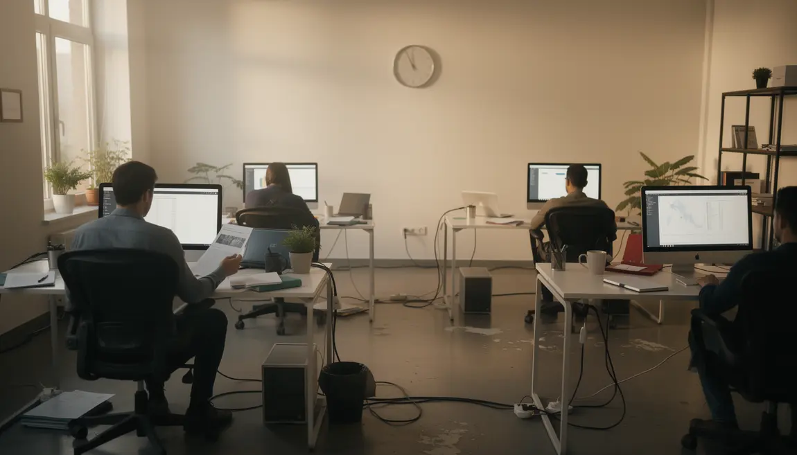 Employés en TPE consultant un mémo circulaire communication interne