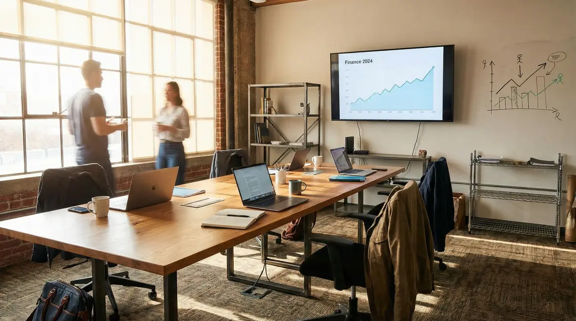 Finance 2024, bureau moderne, silhouettes de professionnels, graphique croissance