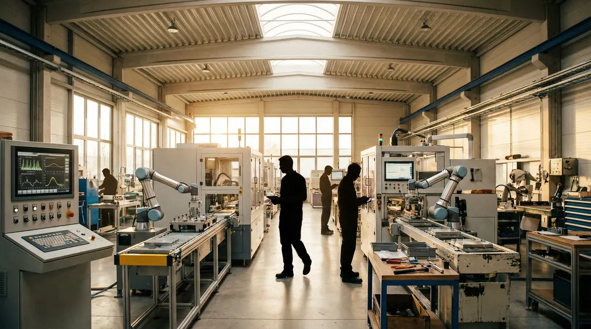 Usine moderne illustrant l'industrie 4.0 et l'interconnexion technologique