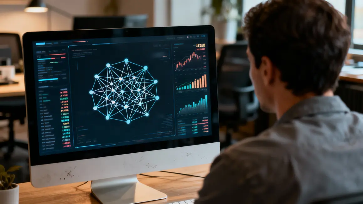 IA finance 2024 ecran donnees et analyse modern bureau
