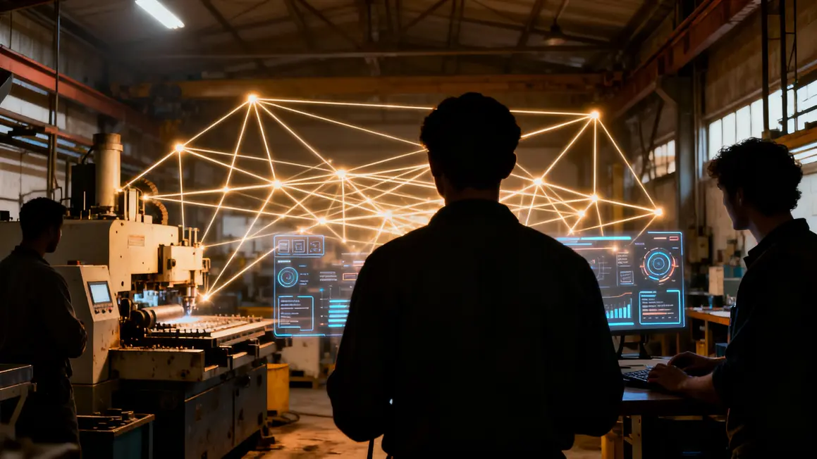 Atelier illustrant l'origine de l'industrie 4.0 avec machines connectées