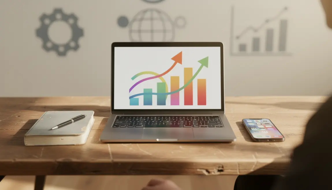 Bureau digital avec ordinateur et graphiques de croissance
