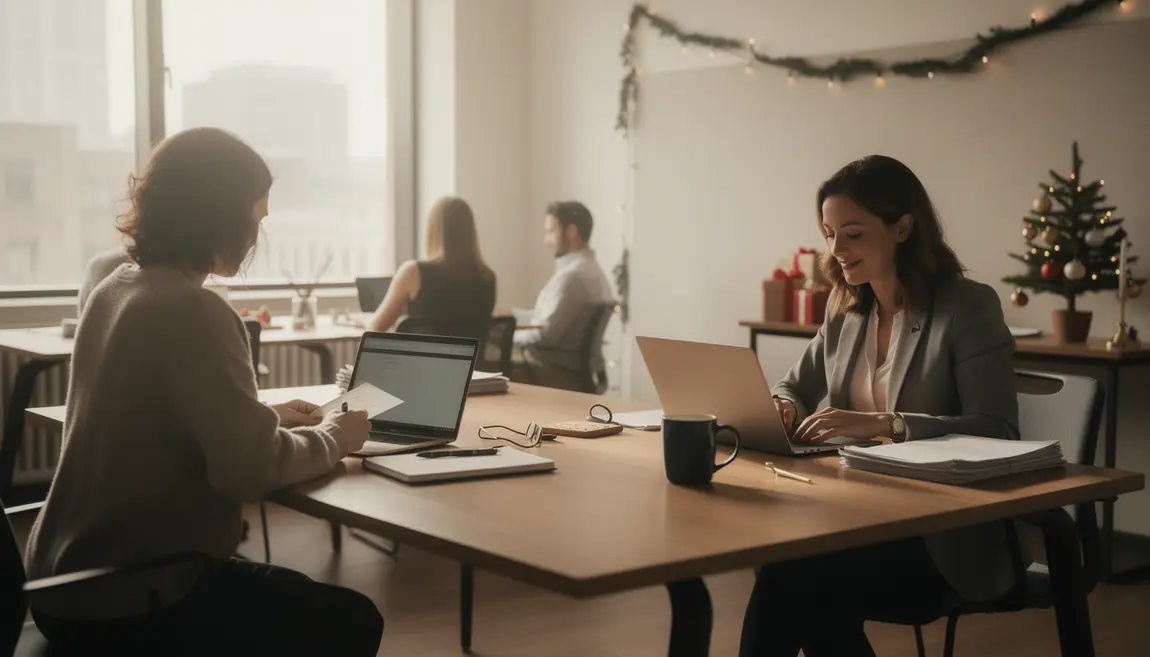 Rédaction de messages professionnels de fin d'année en bureau moderne