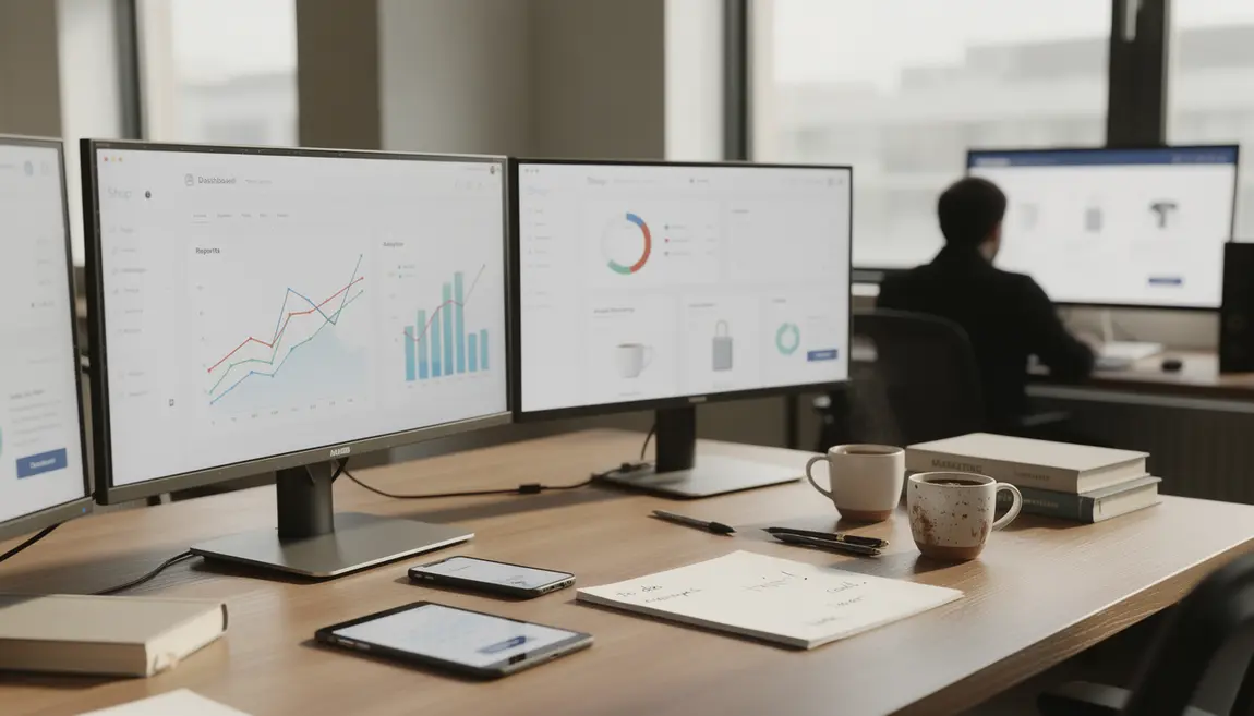 bureau moderne avec ecrans et site pure player