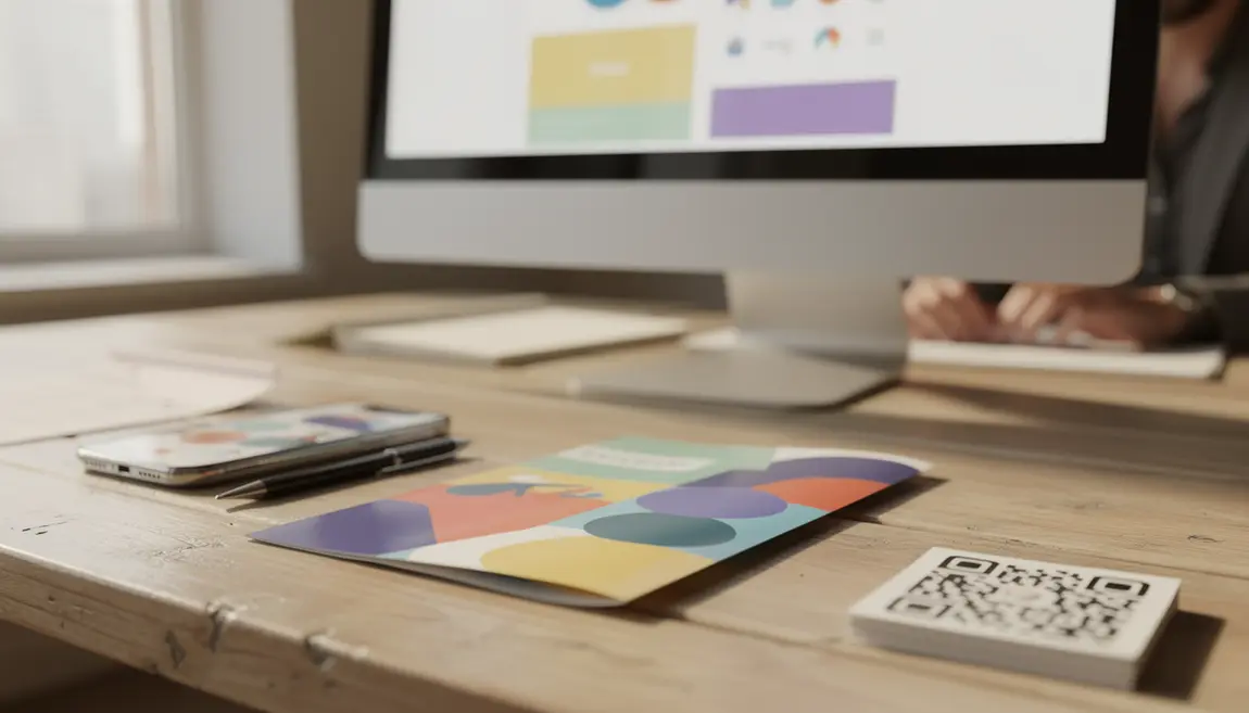 Supports de communication print digital phygital sur bureau moderne