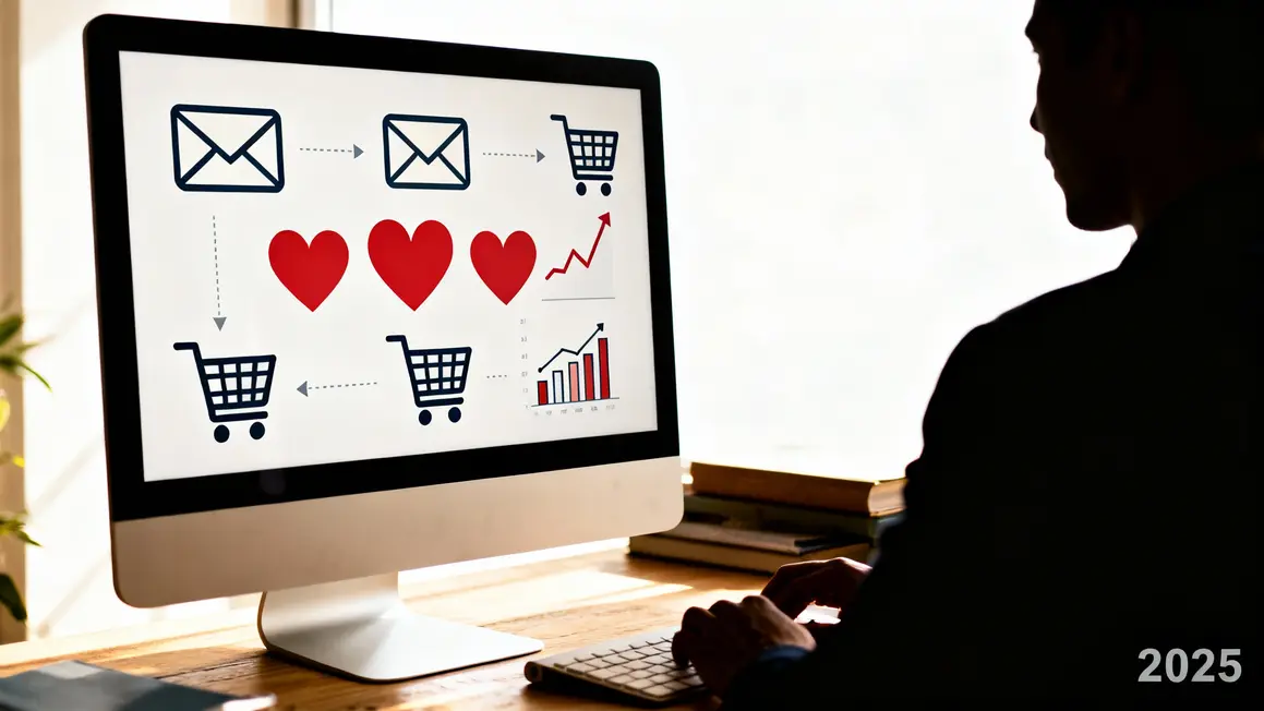 Workflow visuel Mailchimp 2025 avec icones et equipe