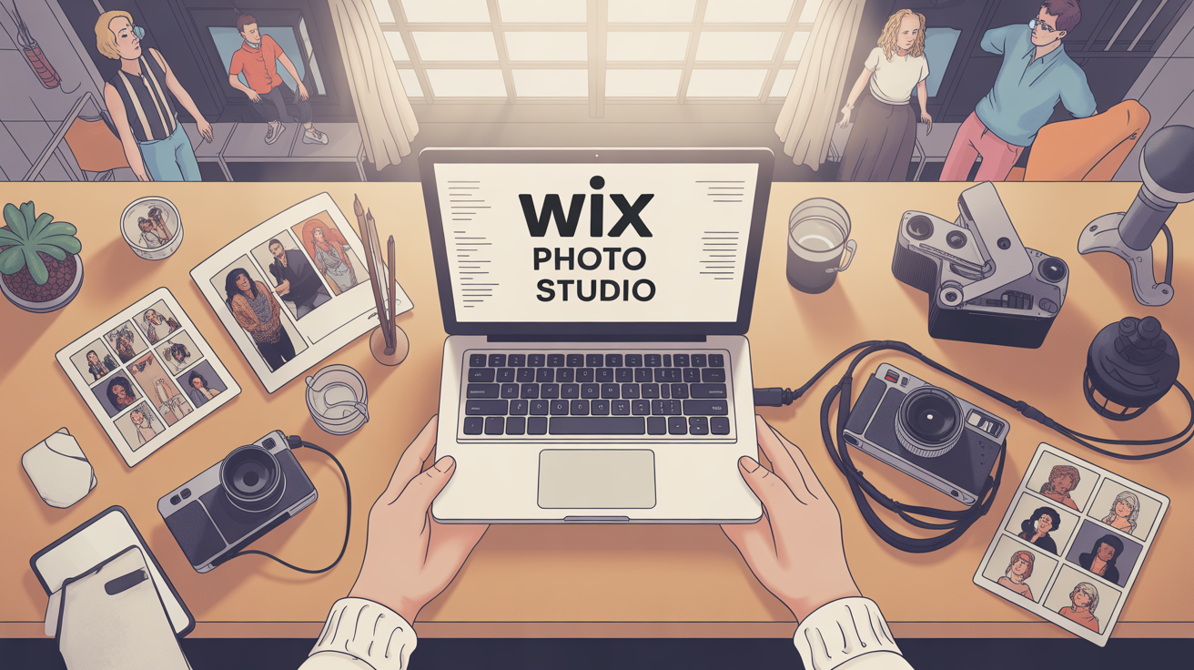 Espace travail moderne avec wix photo studio sur ordinateur