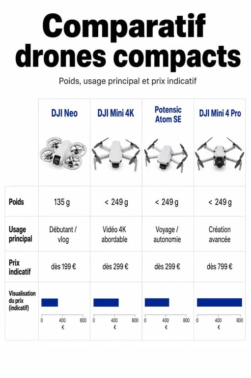 Comparatif des meilleurs drones qualité prix : DJI Neo, Mini 4K, Potensic Atom SE et Mini 4 Pro