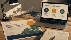 Présentation projet : pitch deck en réunion, bureau et schéma problème-solution