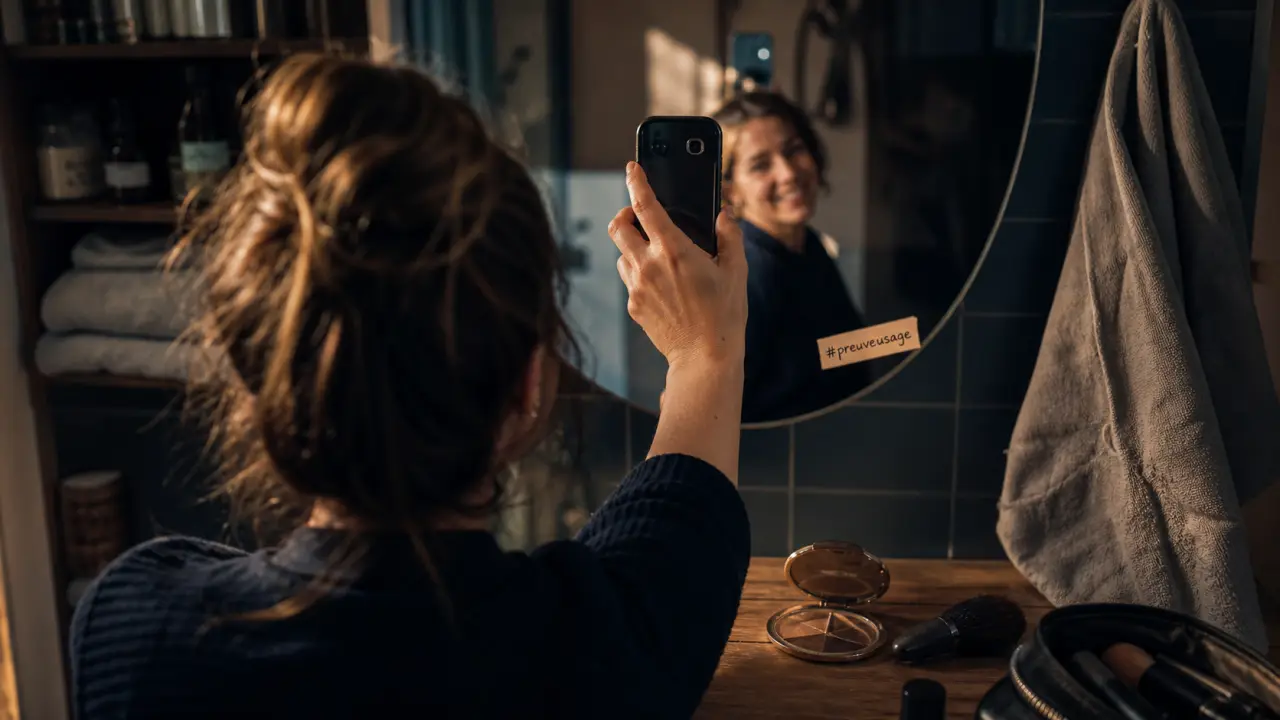 Selfie en publicité : personne souriante devant miroir de salle de bains