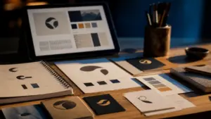 Graphiste identité visuelle : maquettes de charte graphique sur table en studio