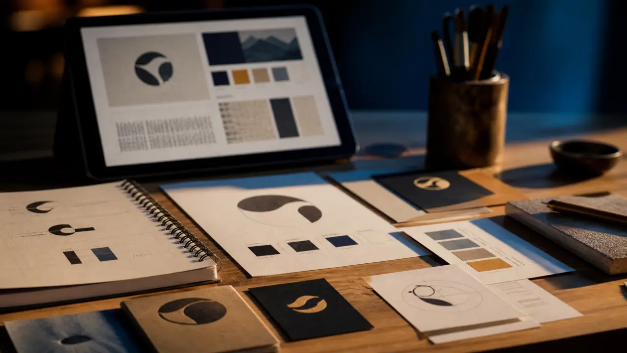 Graphiste identité visuelle : maquettes de charte graphique sur table en studio