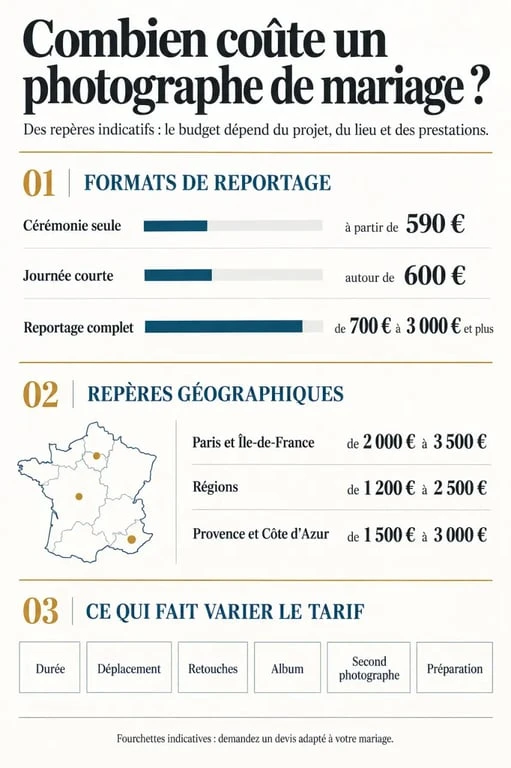 Infographie sur le prix photographe mariage selon la durée, la région et les services inclus