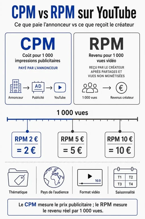 Rémunération youtube vue : comparaison visuelle du CPM, du RPM et des gains pour 1 000 vues
