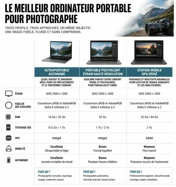 Infographie comparative du meilleur ordinateur portable pour photographe selon l’écran, la RAM, le stockage et la mobilité