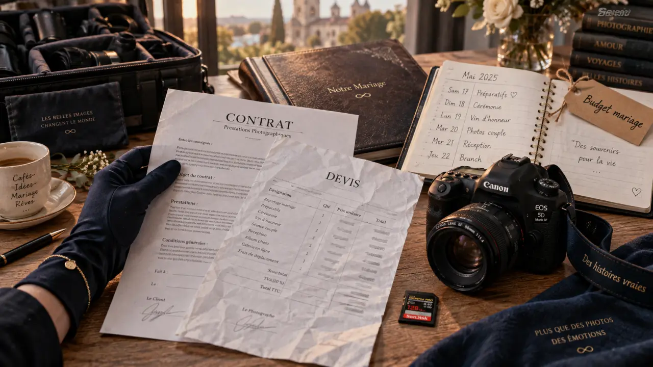 Prix photographe mariage : contrat et devis sur table